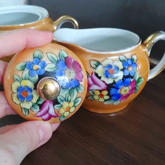 Vintage Noritake Japan cream and sugar set. Orange lusterware hand painted. - Picture 7 of 9